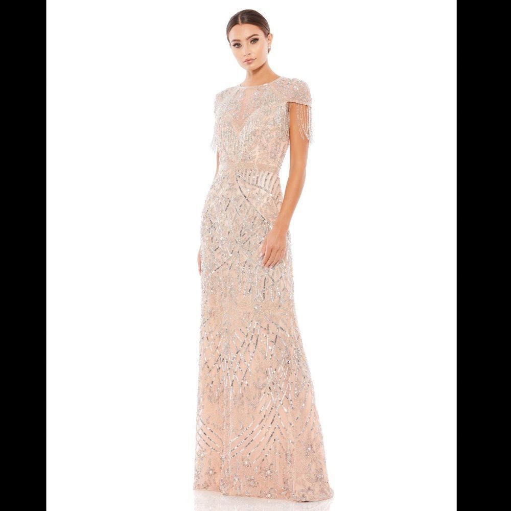 MAC DUGGAL EMBELLISHED SHORT SLEEVE GOWN W/ BEADED FRINGE US 6 $598